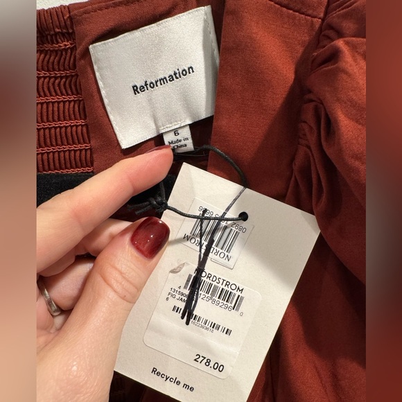 NWT Reformation Everlyn Puff Sleeve Stretch Organic Cotton Maxi Dress in rust - Picture 7 of 10